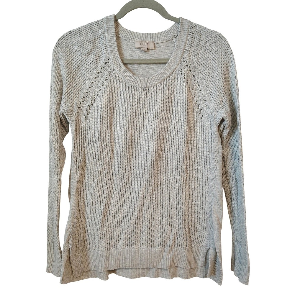 LOFT Women's Knit Sweater XS X-Small Light Gray Raglan Sheer Textured Preppy